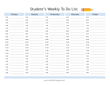 Student Weekly Planner Half Hour LibreOffice Template