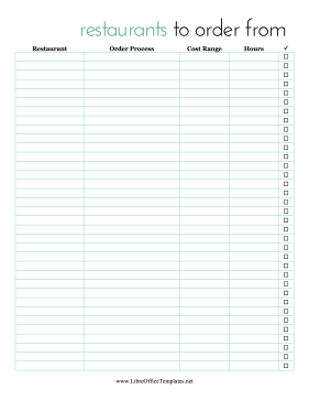 Checklist Restaurant Orders LibreOffice Template