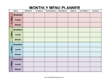 Colorful Monthly Menu Planner LibreOffice Template