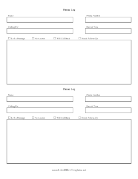 Telephone Log 2 Per Page LibreOffice Template