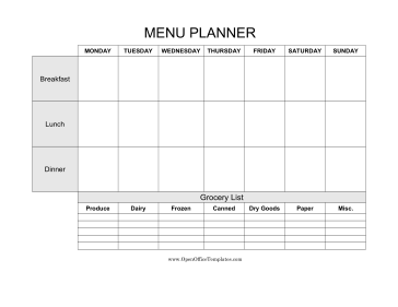 Weekly Menu Planner With Grocery List LibreOffice Template