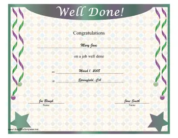 Well Done Certificate Green Purple Stars LibreOffice Template